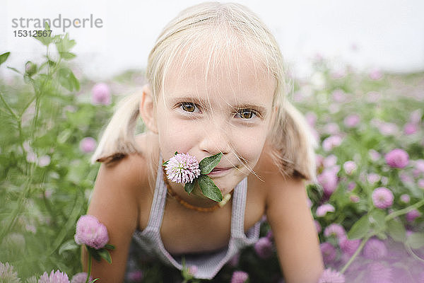 Bildnis eines lächelnden Mädchens mit Kleeblume im Mund