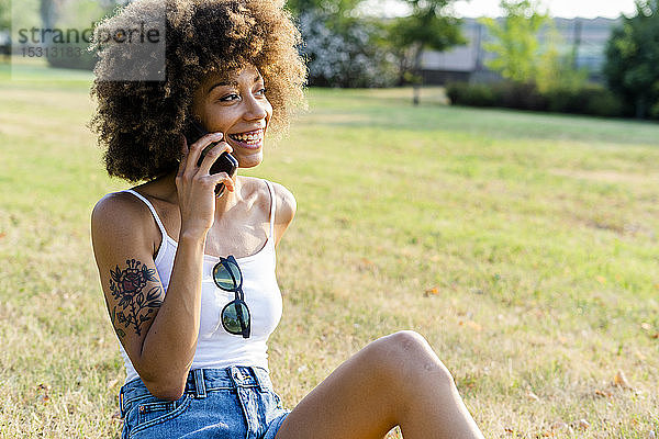 Porträt einer glücklichen jungen Frau am Telefon  die auf einer Wiese sitzt