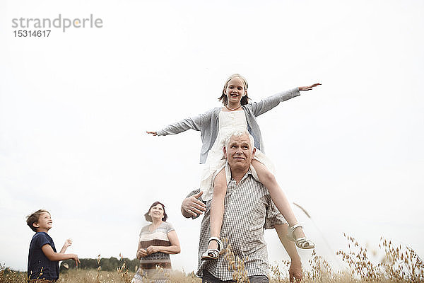 Glückliches Mädchen  das in der Natur auf den Schultern seines Großvaters sitzt  mit Bruder und Großmutter im Hintergrund