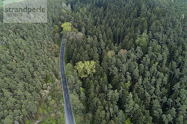 Luftaufnahme der Straße durch den Wald  Franken  Bayern  Deutschland
