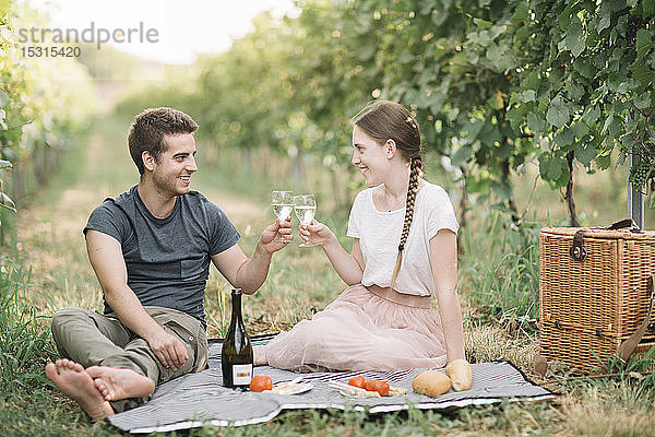 Glückliches junges Paar beim Picknick in den Weinbergen und beim Prosecco-Toast