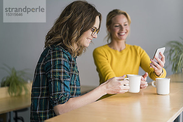 Zwei Freundinnen sitzen im Café  trinken Kaffee  benutzen ein Smartphone