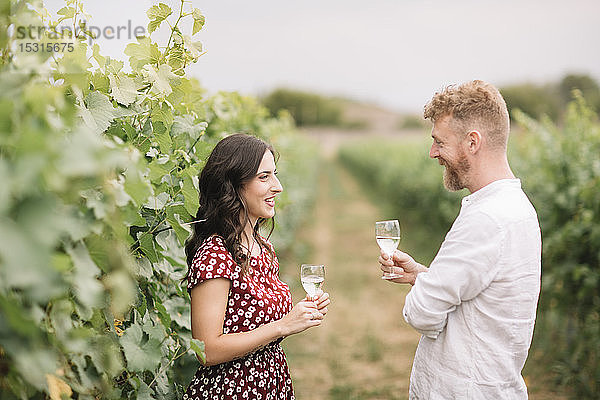 Ehepaar trinkt Weißwein in den Weinbergen