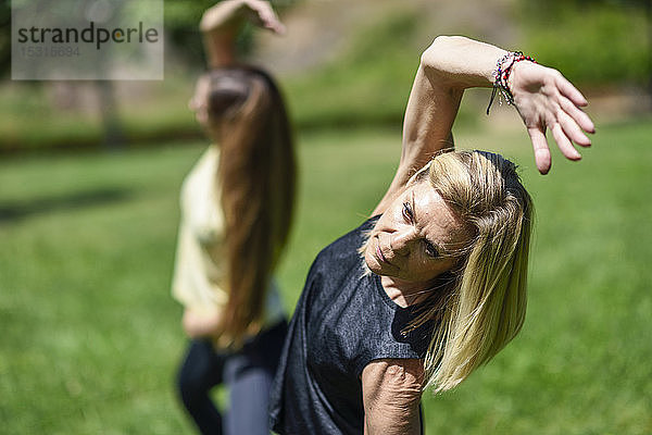 Reife Frau macht Yoga mit ihrer Tochter in einem Park