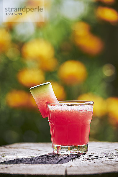 Nahaufnahme eines frischen Wassermelonen-Cocktails im Glas auf einem Baumstumpf im Garten