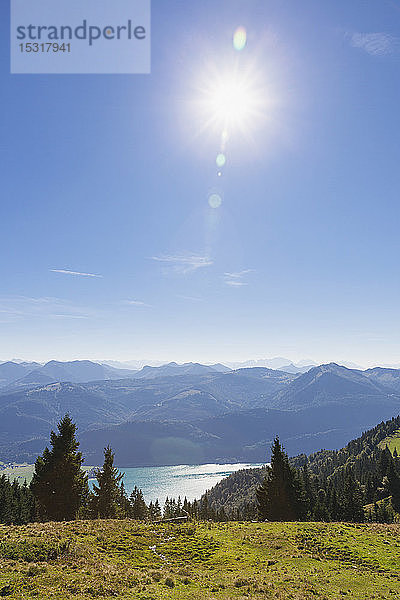 Landschaftliche Ansicht einer Salzburger Wiese mit See vor blauem Himmel an einem sonnigen Tag