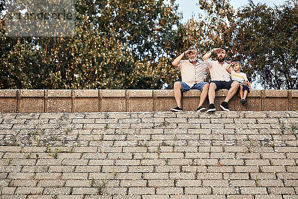 Großvater  Vater und Sohn sitzen auf einer Mauer und schauen hinaus