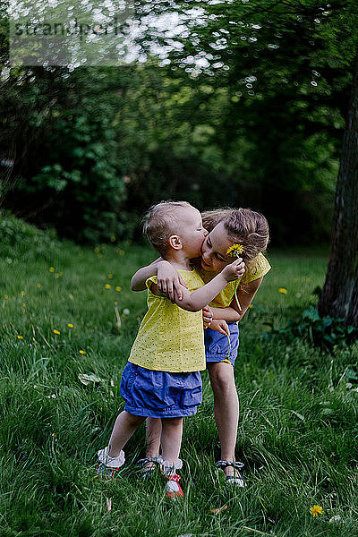 Kleines Mädchen küsst ihre Schwester auf einer Wiese
