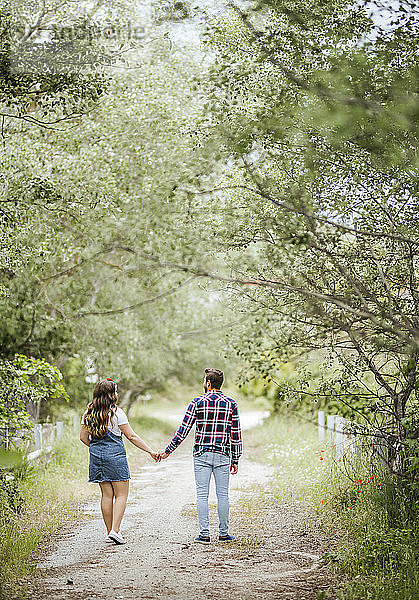 Junges Paar beim Spaziergang an den Händen haltend