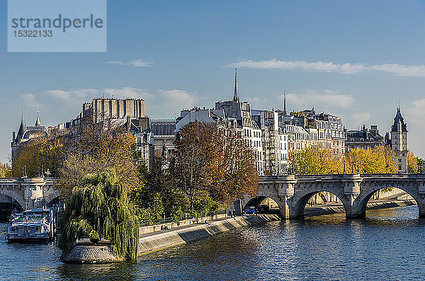 Frankreich  Paris  1. Arrondissement  Pont Neuf an der Seine und Platz Vert Galant an der Spitze der Ile de la Cite