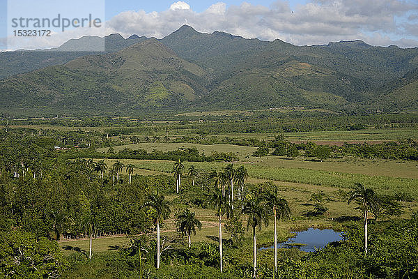 Kuba  Region Trinidad  Blick auf eine Landschaft aus Bergen und Palmen  das Ingenios-Tal