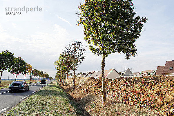 Seine und Marne. Wohnsiedlung im Bau. Bau eines Lärmschutzhügels zum Schutz der Häuser vor dem Lärm der Departementstraße.