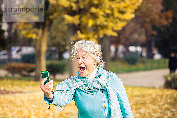 Blick auf eine lächelnde und ausdrucksstarke hübsche ältere Frau  die auf ihr Telefon auf gelben Blättern vor einem Baum mit herbstlichen Farben schaut.