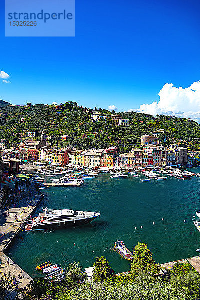 Portofino  Ligurien  Italien - 11. August 2018 - Blick auf den Dorfhafen