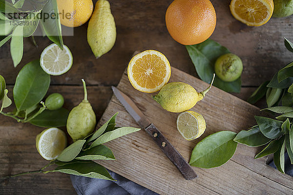Bio-Orangen und -Zitronen mit einem Messer auf einem rustikalen Holzbrett