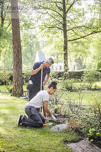 Ausbilderin in voller Länge beobachtet junge weibliche Auszubildende bei der Pflanzung im Garten