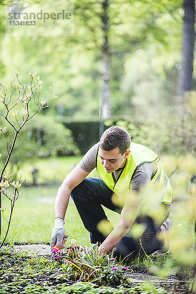 Junger Mann pflanzt in voller Länge im Garten