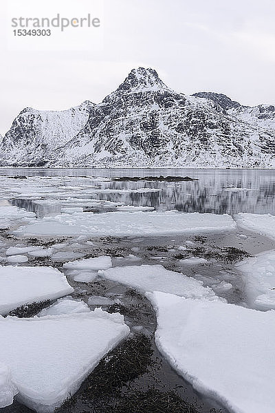 Eisformationen und schneebedeckte Berge  Lofoten Inseln  Nordland  Arktis  Norwegen  Europa