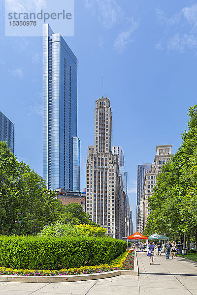 Blick auf Wolkenkratzer vom Millennium Park  Downtown Chicago  Illinois  Vereinigte Staaten von Amerika  Nordamerika