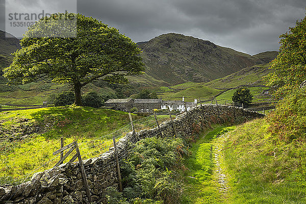 Idyllischer Bauernhof und Landschaftsblick mit Trockenmauer im Langdale-Tal  Lake-District-Nationalpark  UNESCO-Welterbe  Cumbria  England  Vereinigtes Königreich  Europa