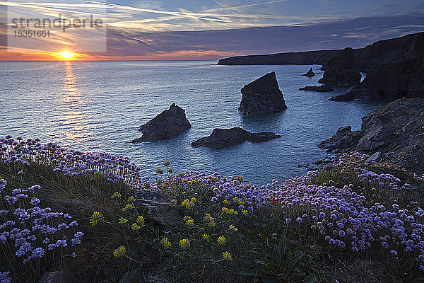 Sonnenuntergang über Bedruthan Steps  Carnewas  Cornwall  England  Vereinigtes Königreich  Europa