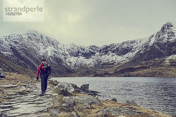 Männlicher Wanderer wandert entlang einer Seenlandschaft mit schneebedeckten Bergen  Llanberis  Gwynedd  Wales