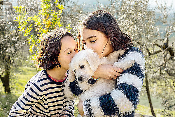 Zwei Mädchen küssen einen süßen Golden Retriever-Welpen im Obstgarten  Scandicci  Toskana  Italien