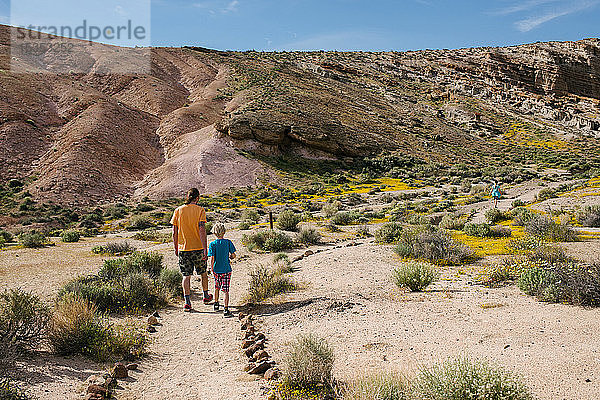 Vater und Kinder erkunden Naturschutzgebiet  Red Rock Canyon  Cantil  Kalifornien  Vereinigte Staaten