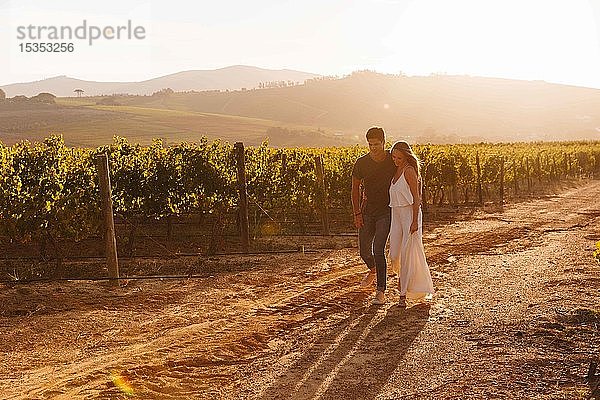 Paar beim Spaziergang entlang eines Weinbergs  Kapstadt  Südafrika