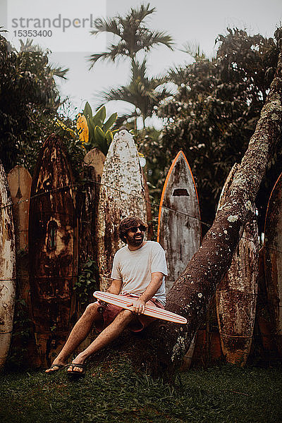 Mittelgroßer erwachsener männlicher Skateboarder  der auf einem Baumstamm an einer alten Surfbrettstruktur im Park sitzt  Haiku  Hawaii  USA