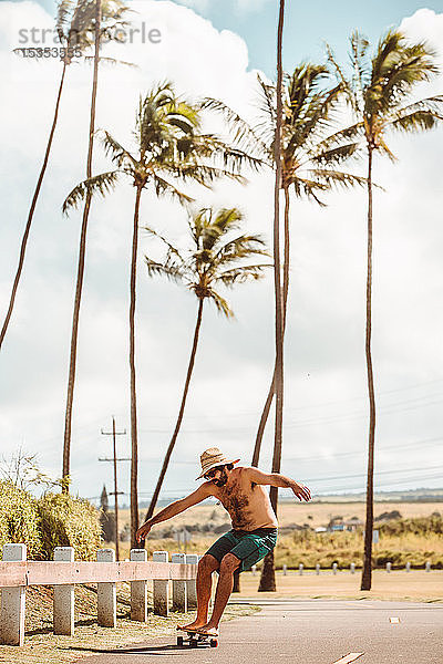 Mittelgroßer erwachsener männlicher Skateboarder mit Strohhut  Skateboarding auf Küstenstraße  Haiku  Hawaii  USA