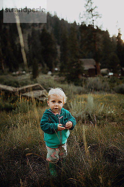 Weibliches Kleinkind im langen Gras im ländlichen Tal  Porträt  Mineral King  Kalifornien  USA
