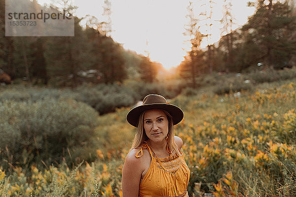 Mittelgroße erwachsene Frau mit Filzhut zwischen Wildblumen bei Sonnenuntergang im ländlichen Tal  Porträt  Mineral King  Kalifornien  USA