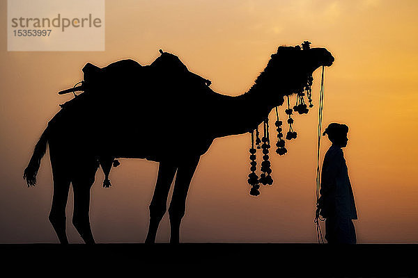 Junger Junge mit seinem geschmückten Kamel in der Wüste Nordindiens; Rajasthan  Indien