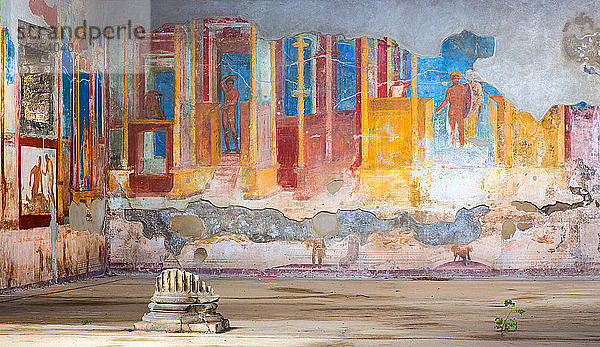 Bunte Kunstwerke in abblätternden Schichten an Wänden; Pompeji  Italien