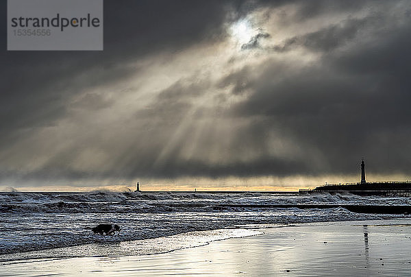 Roker Beach mit Pier und Leuchtturm unter bewölktem Himmel mit aufgehenden Sonnenstrahlen und einem Hund  der in der Brandung am Rande des Flusses Ware spielt; Sunderland  Tyne and Wear  England
