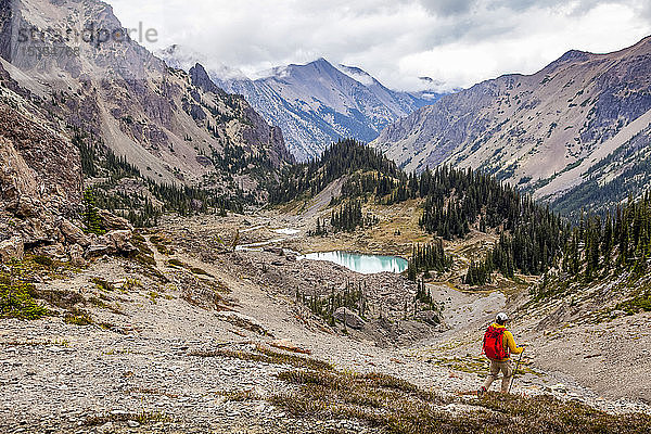 Männlicher Wanderer im Royal Basin  Olympic Mountains  Olympic National Park; Washington  Vereinigte Staaten von Amerika