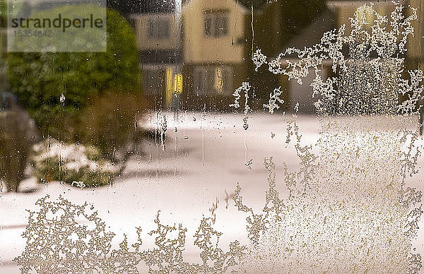 Frostkristalle an einem Wohnhausfenster mit Blick auf eine verschneite Straße und Häuser; South Shields  Tyne and Wear  England