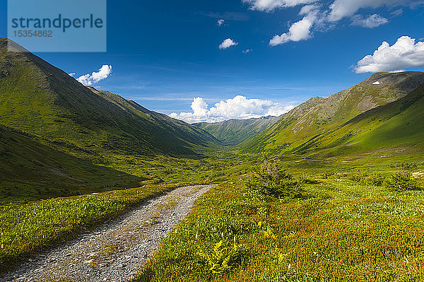 Ein Blick auf die Palmer Valley Road in der Nähe von Hope  Alaska an einem sonnigen Sommertag in Süd-Zentral-Alaska; Alaska  Vereinigte Staaten von Amerika
