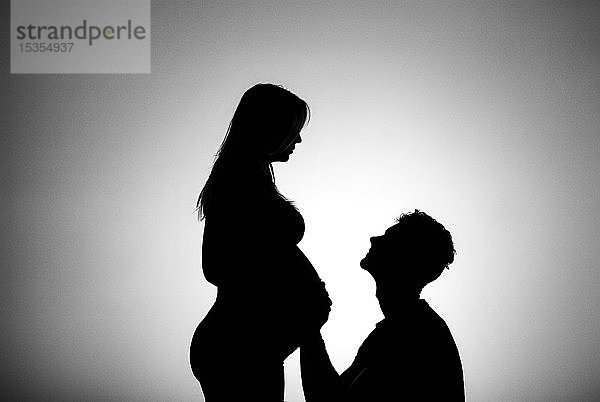 Eine Silhouette in einem Studio eines Paares  das ein Baby bekommt  wobei der Vater den Bauch der Mutter berührt  die schon weit in ihrer Schwangerschaft ist; Edmonton  Alberta  Kanada