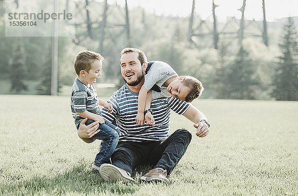 Vater mit kleinen Söhnen beim Spielen in einem Park; Edmonton  Alberta  Kanada