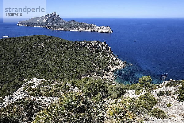 Blick auf die Dracheninsel Sa Dragonera und die Küste bei Sant Elm  Mallorca  Balearische Inseln  Spanien  Europa