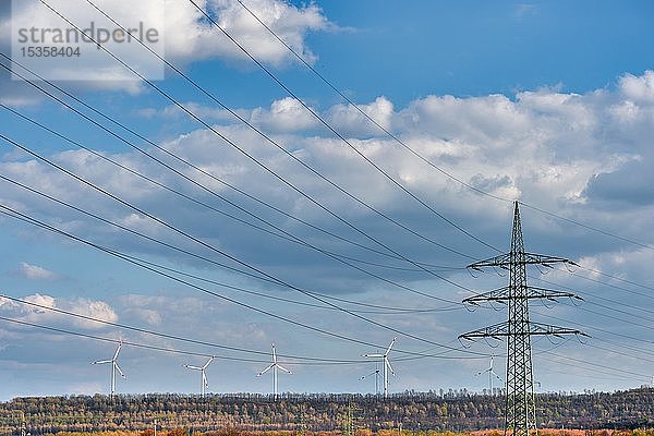 Windkraftanlagen mit Stromleitung  Hochspannungsleitung und Strommast  Grevenbroich  Nordrhein-Westfalen  Deutschland  Europa