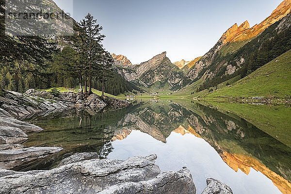 Berge spiegeln sich bei Sonnenaufgang im Seealpsee  hinter Säntis  Alpstein  Kanton Appenzell  Schweiz  Europa