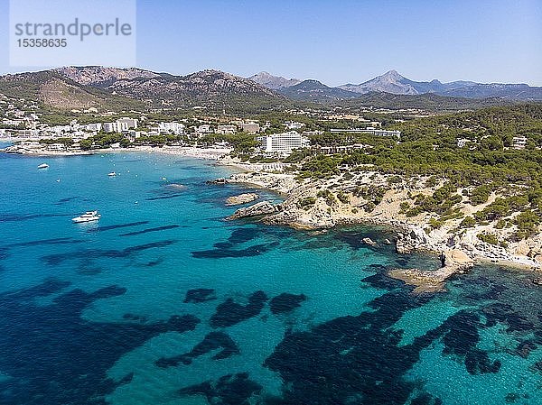 Luftaufnahme  Ansicht der Touristenstadt Peguera mit Hotels und Stränden  Costa de la Calma  Region Caliva  Mallorca  Balearen  Spanien  Europa