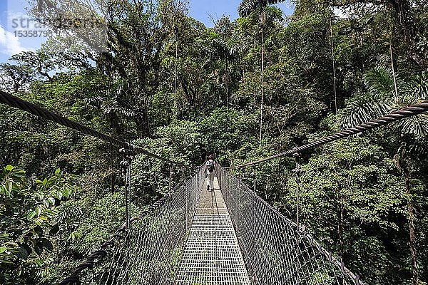 Wanderin auf einer Hängebrücke im tropischen Regenwald  Mistico Arenal Hängebrückenpark  Mistico Arenal Hängebrückenpark  Provinz Alajuela  Costa Rica  Mittelamerika