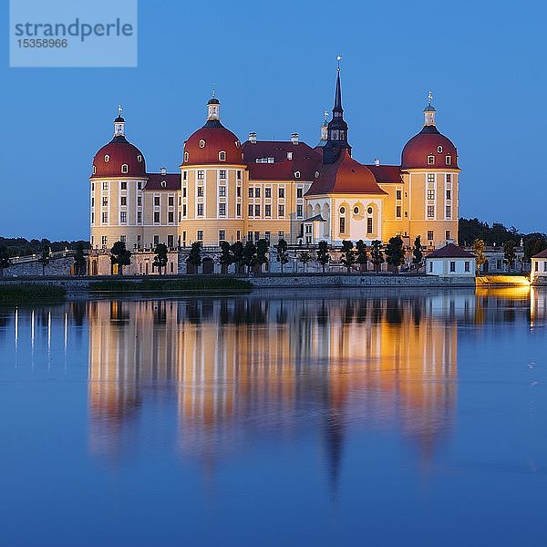 Beleuchtetes Schloss Moritzburg in der Abenddämmerung  Wasserspiegelung im See  Sachsen  Deutschland  Europa