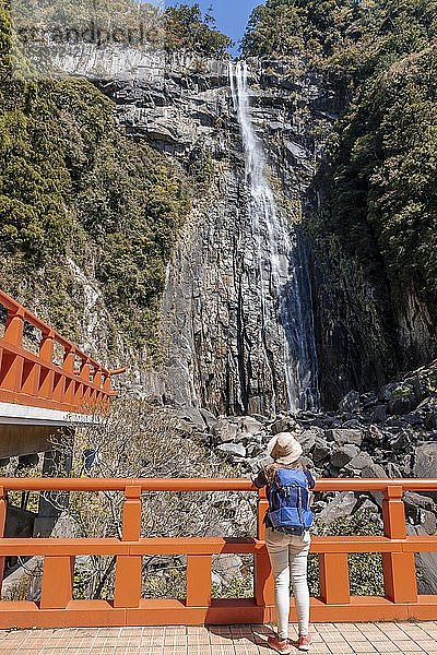 Tourist betrachtet den Nachi-Wasserfall am Seigantoji-Tempel  Nachisan  Wakayama  Japan  Asien