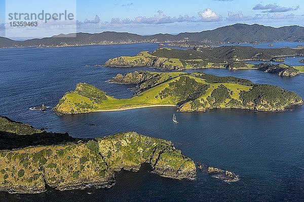 Luftaufnahme der Bay of Islands mit Inseln und Segelboot  Far North District  Nordinsel  Neuseeland  Ozeanien
