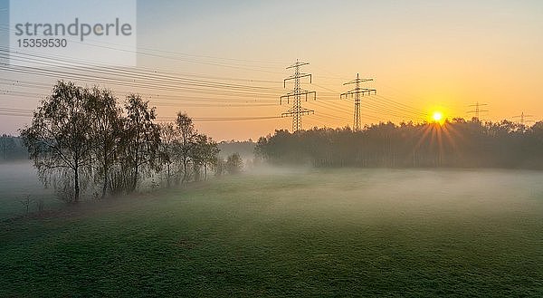 Sonnenaufgang im Morgennebel  Kulturlandschaft mit Strommasten  Norderstedt  Schleswig-Holstein  Deutschland  Europa